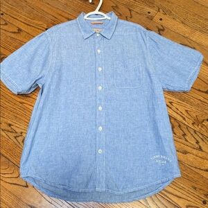 Tommy Bahama sz L 100% Linen Short Sleeve Blue button down RELAX front pkt